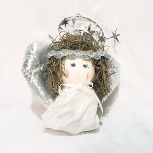 Angel Silver Heart Stars Christmas Ornament 5" Fabric